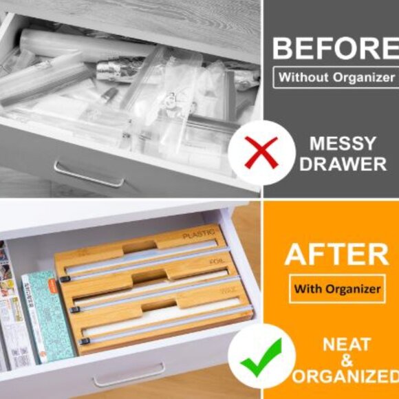 Bamboo Kitchen Organizer 3 In 1, Wrap, Foil and Ziplock bag Organizer - Picture 4 of 6